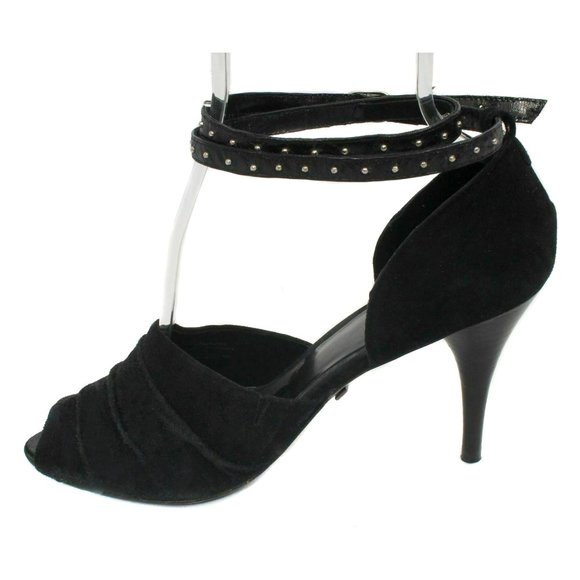 SUE WONG Black Suede Peep Toe Anke Strap Pumps with Studs Women’s Size 10 - Picture 2 of 6